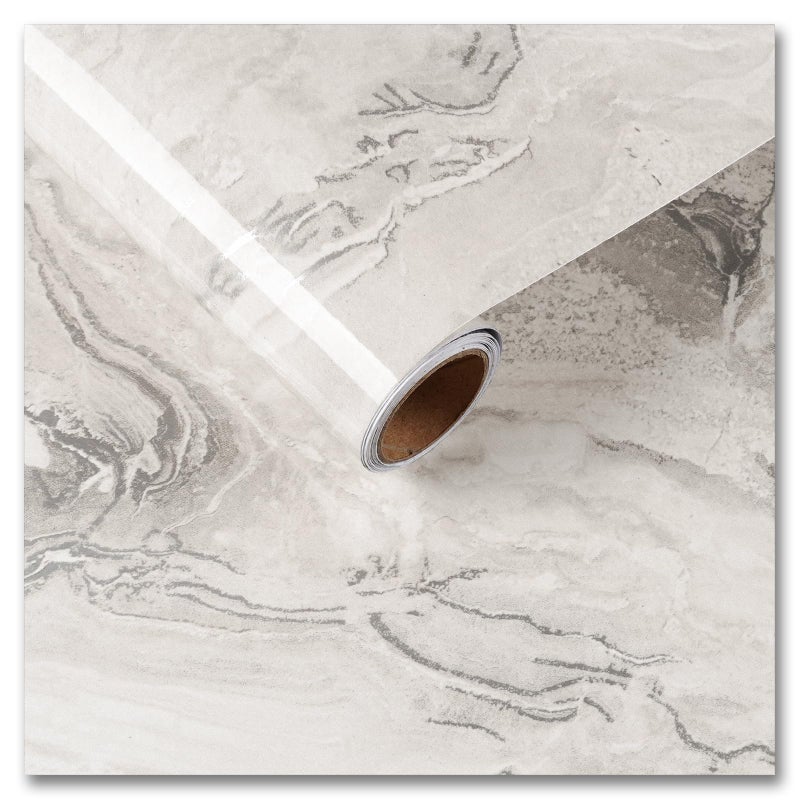 CRE8TIVE Beige Silver Marble Countertop Contact Paper 12""x354"" Glossy Liquid Marble Contact Paper for Cabinets Waterproof Self Adhesive Removable Marble Wallpaper for Kitchen Bedroom Drawers Lockers - Image 1